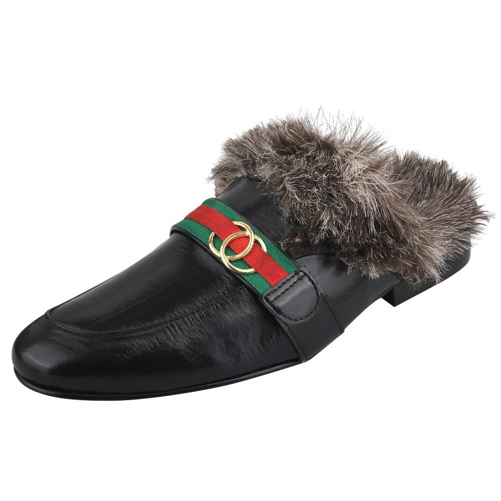 Luxurious Black Loafers with Fur Trim and Stripe